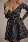 Riva Black Polka Dot Bardot Long-Sleeve Mini Dress