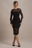 Intimate Black Sequin Sheer Midi Dress With Flowers