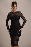 Intimate Black Sequin Sheer Midi Dress With Flowers