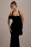 Charlize Black Velvet Halter-Neck Draped Maxi Dress