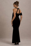 Charlize Black Velvet Halter-Neck Draped Maxi Dress