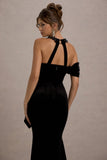 Charlize Black Velvet Halter-Neck Draped Maxi Dress