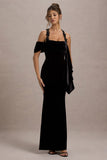 Charlize Black Velvet Halter-Neck Draped Maxi Dress