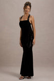 Charlize Black Velvet Halter-Neck Draped Maxi Dress