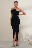 High Class Black Bandeau Thigh Split Maxi Dress With Feather Trim