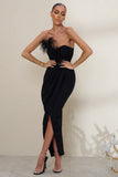 High Class Black Bandeau Thigh Split Maxi Dress With Feather Trim