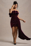 Ceronne Plum Velvet Bandeau Mini Dress With Drape