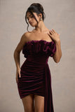Ceronne Plum Velvet Bandeau Mini Dress With Drape