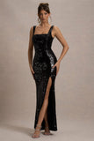 High Life Black Sequin Square Neck Split Front Maxi Dress