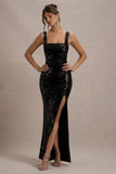 High Life Black Sequin Square Neck Split Front Maxi Dress