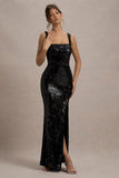 High Life Black Sequin Square Neck Split Front Maxi Dress