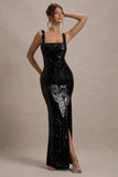 High Life Black Sequin Square Neck Split Front Maxi Dress