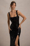 High Life Black Sequin Square Neck Split Front Maxi Dress