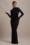 Galaxy Black Sequin Turtle-Neck Long-Sleeve Maxi Dress