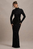 Galaxy Black Sequin Turtle-Neck Long-Sleeve Maxi Dress