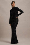 Galaxy Black Sequin Turtle-Neck Long-Sleeve Maxi Dress