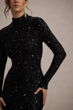 Galaxy Black Sequin Turtle-Neck Long-Sleeve Maxi Dress