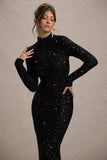 Galaxy Black Sequin Turtle-Neck Long-Sleeve Maxi Dress