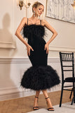 Kalena Black Velvet Feather Trim Midi Dress