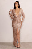 Roma Gold Sequin Long Sleeve Plunge Maxi Dress with Knot Waist Detail