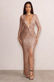 Roma Gold Sequin Long Sleeve Plunge Maxi Dress with Knot Waist Detail