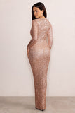 Roma Gold Sequin Long Sleeve Plunge Maxi Dress with Knot Waist Detail