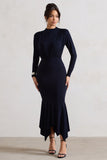 Carla Navy High-Neck Midi Dress With Draped Hem