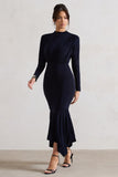 Carla Navy High-Neck Midi Dress With Draped Hem