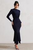 Carla Navy High-Neck Midi Dress With Draped Hem