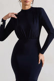 Carla Navy High-Neck Midi Dress With Draped Hem