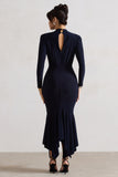 Carla Navy High-Neck Midi Dress With Draped Hem