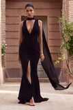 Whimsical Black Chiffon Plunge Fishtail Maxi Dress With Scarf Design