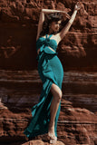 Powerful Petrol Blue Cut-Out Halter-Neck Maxi Dress With Flower & Ruffles