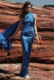 Mademoiselle Navy Asymmetric Scarf Neck Backless Maxi Dress