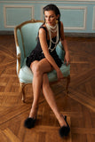 High Pitched Black Satin Sling Back Heels With Pom Poms