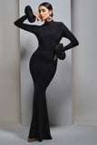 Mystic Black High-Neck Maxi Dress With Satin Cuffs