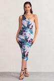 Late Night Multi Print Asymmetric One Shoulder Ruched Midi Dress