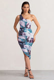 Late Night Multi Print Asymmetric One Shoulder Ruched Midi Dress