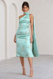 Madame Mint Green Floral Print Satin Asymmetric Scarf Neck Backless Midi Dress