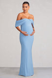 Asha Powder Blue Draped Sleeve Bardot Maternity Maxi Dress