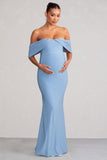 Asha Powder Blue Draped Sleeve Bardot Maternity Maxi Dress