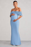 Asha Powder Blue Draped Sleeve Bardot Maternity Maxi Dress