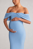 Asha Powder Blue Draped Sleeve Bardot Maternity Maxi Dress