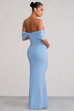 Asha Powder Blue Draped Sleeve Bardot Maternity Maxi Dress