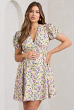 By The Cypress Yellow Floral Maternity V-Neck Puff-Sleeved Buttoned Mini Dress