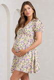 By The Cypress Yellow Floral Maternity V-Neck Puff-Sleeved Buttoned Mini Dress