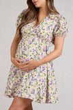 By The Cypress Yellow Floral Maternity V-Neck Puff-Sleeved Buttoned Mini Dress