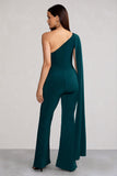 Aurora Deep Green One Shoulder Cape Sleeve Jumpsuit