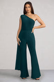 Aurora Deep Green One Shoulder Cape Sleeve Jumpsuit