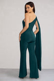 Aurora Deep Green One Shoulder Cape Sleeve Jumpsuit